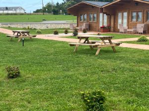 detalle del jardin con sus mesas de picnic y al fondo un apartamento